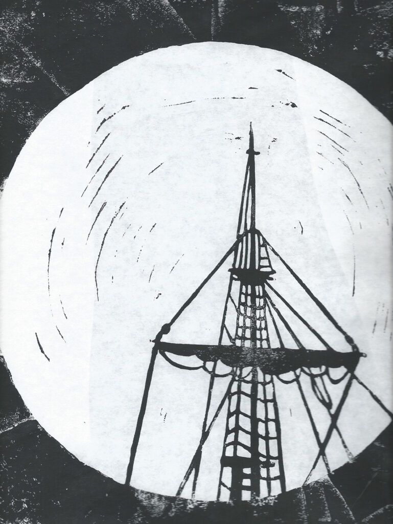 Linoleum print of ship mast silhouette agains moon.