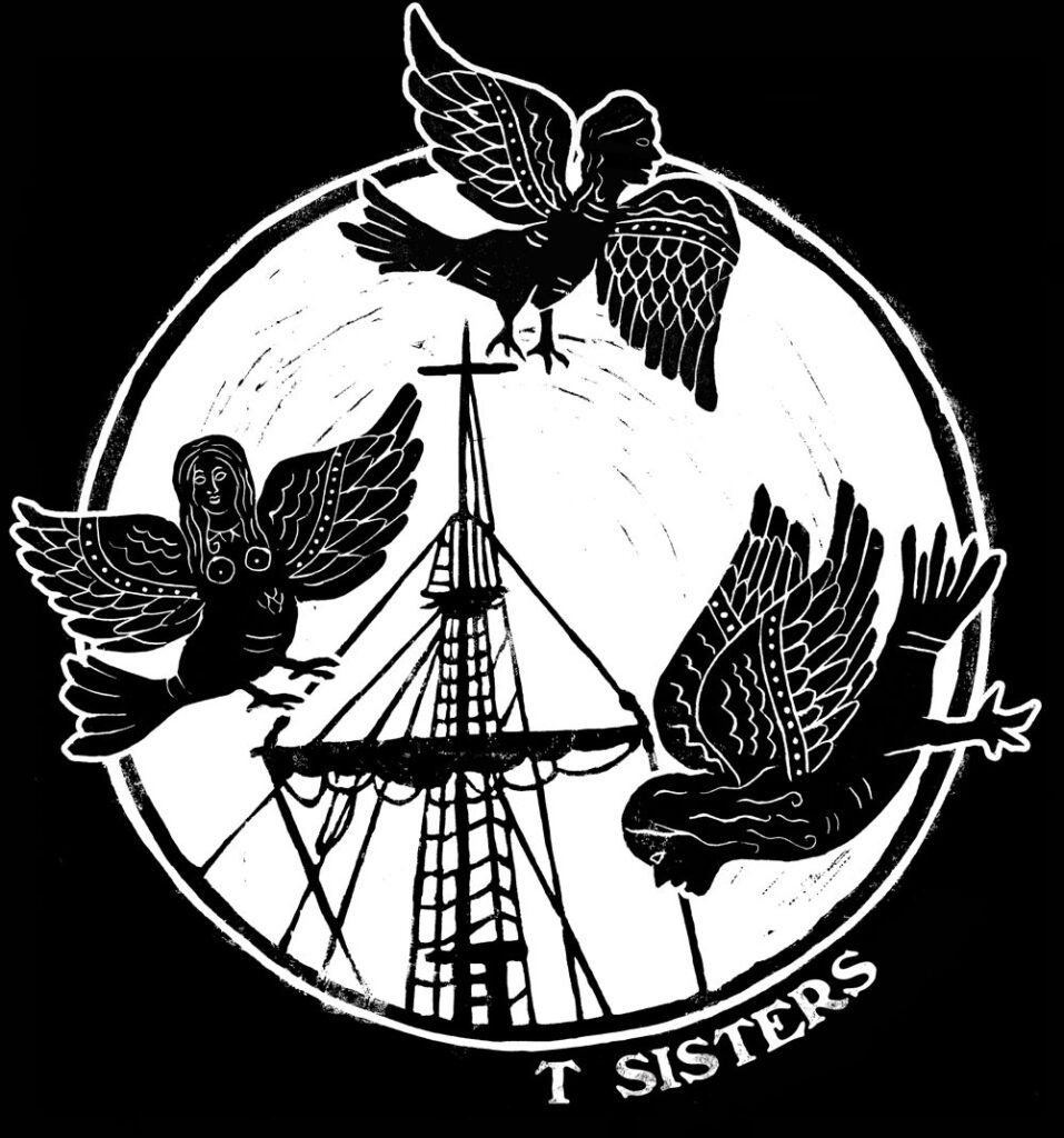 Final t-shirt design with three mythical sirens circling a ship mast silhouette.